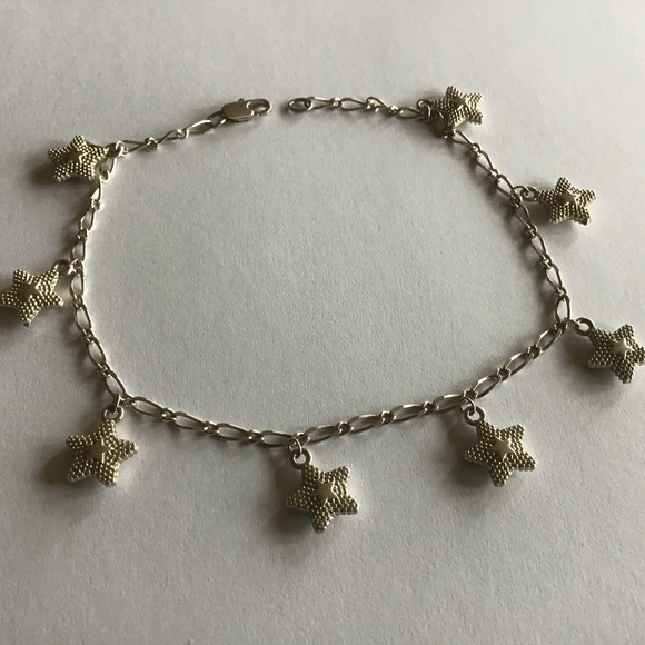 Silver tone metal anklet with stars dangles - Picture 1 of 5